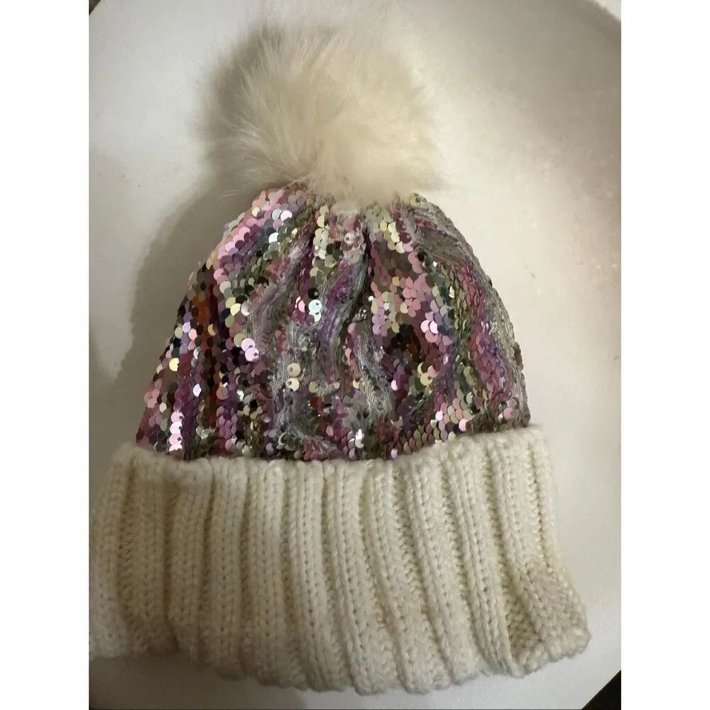 Tucker + Tate Kids Sparkle Sequins Rib Knit Pom Beanie Hat Purple White One Size
